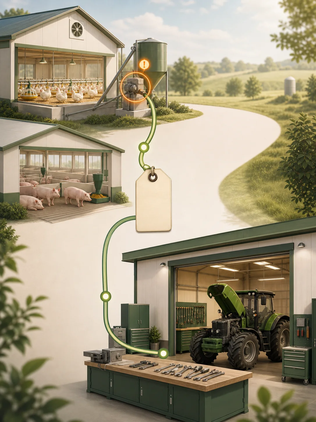 Ilustracja przekazania zgłoszenia usterki z budynku hodowlanego do warsztatu FarmaPro Flota