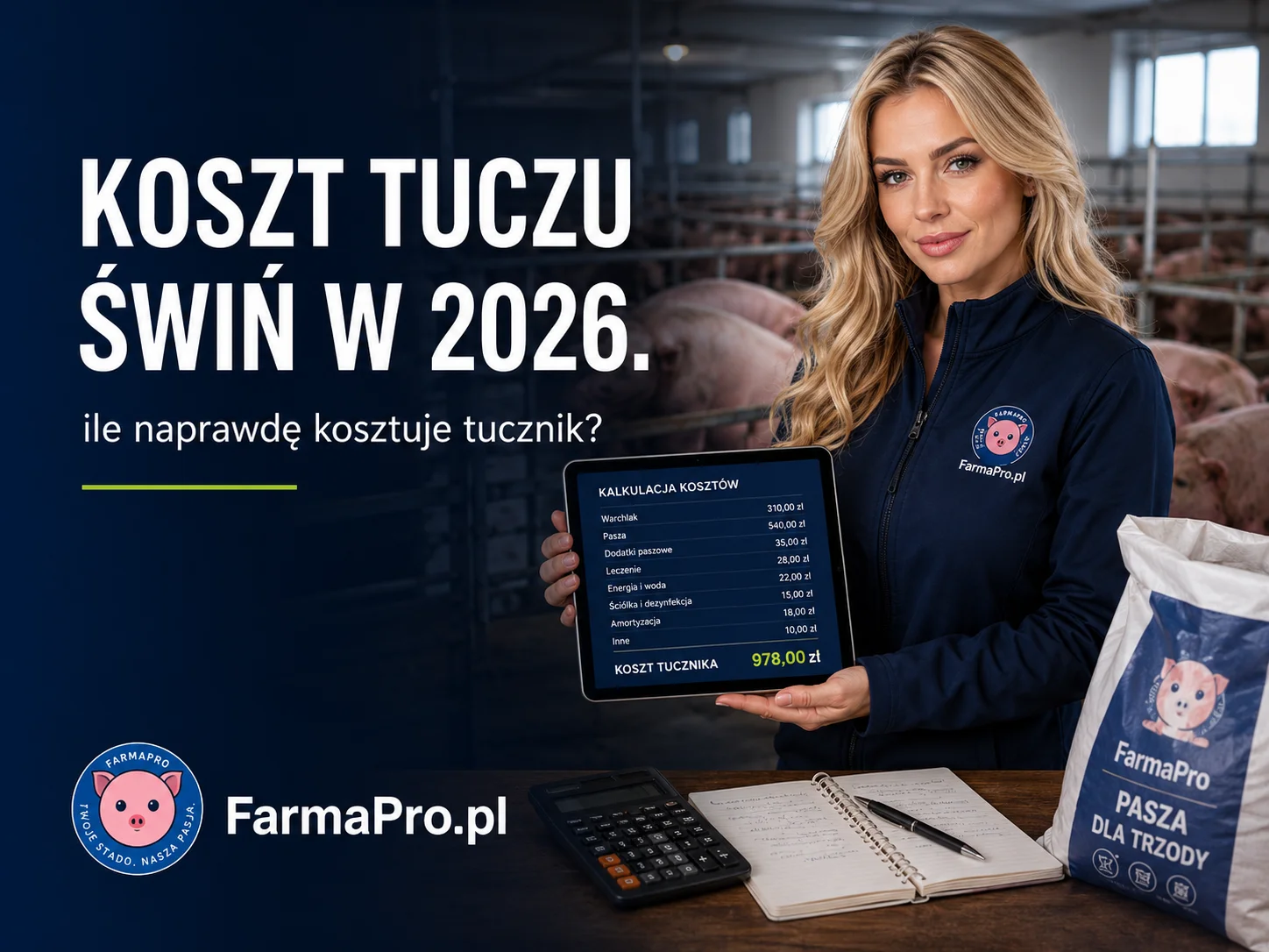 Hodowczyni w kamizelce FarmaPro z tabletem w chlewni przy tucznikach - liczenie kosztów tuczu świń