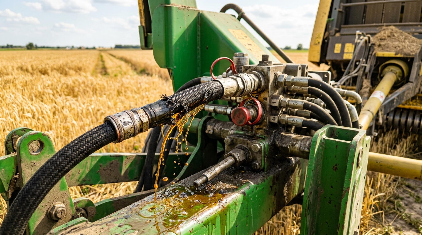 Pęknięty przewód hydrauliczny przy rozdzielaczu ciągnika w polu