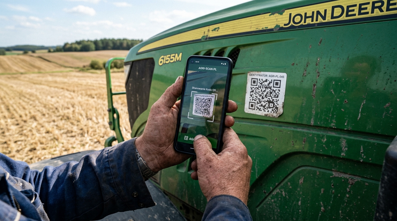 Skanowanie smartfonem naklejki z kodem QR na ciągniku na polu w celu zgłoszenia usterki